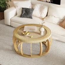Vintage Round Coffee Table Made Of Rattan And Solid Wood, Boho Style Side Table With Curved Legs For Dining Room, Kitchen And Living Room, Natural Color. - Warna alami - View 4
