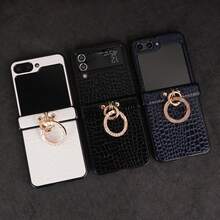 CHOKBODY Glossy Luxury Crocodile Faux Leather Folding Phone Case With Hinge Strap, 1pc Fashion Rhinestone Ring Holder Charm Accessory For Samsung Galaxy Z Flip 7/7FE/5/4 5G Foldable Phone Protective Cover - White - View 2