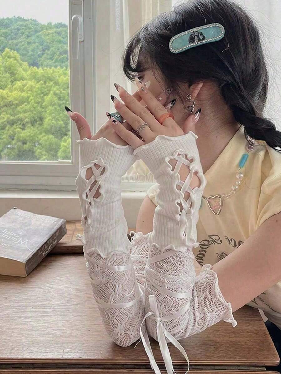 1 Pair Y2K Lace Tie Sleeve DIY Decor Short Solid Color Fingerless Cuff Sleeves, Long Sleeve, Rollable, Suitable For Christmas, Valentine's Day, Halloween And Other Occasions.Women Sleeve Cuffs. - 多色 2 - 查看 1