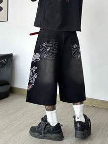 Hearty Haven 1件裝美式街頭風刺繡舒適寬鬆牛仔短褲 中長款休閒寬腿褲 男款，街頭穿搭學院風 - 不含腰帶與配件 - 黑色 - 查看 10