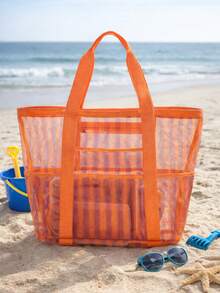 Orange Mesh Beach Tote Bag With Zipper Pocket, Large Capacity Transparent Net Grid Shopping Bag, Lightweight Summer Pool Travel Handbag, Can Hold Towel, Sunglasses, Sunscreen, Casual Holiday Picnic Gym Daily Use Tote - Multicolor - View 2