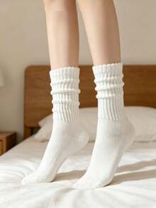 1/3/5/6/10 pares de calcetines blancos lisos para mujer, simples, de moda casual, versátiles, cálidos, suaves, elásticos y duraderos hasta el tobillo para uso diario - Blanco - Ver 4