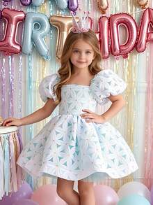 Robe courte élégante à motif floral et manches à volants pour jeune fille. Robe de princesse pour anniversaire, bal, soirée de gala, vacances en plein air, mariage, printemps/été - Bleu ciel - Voir 5