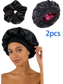 大号双面缎面睡帽，带可调节松紧带，双面可用，黑色和酒红色，女士睡眠发帽，双层缎面可调节女士睡帽 - A - 查看 4