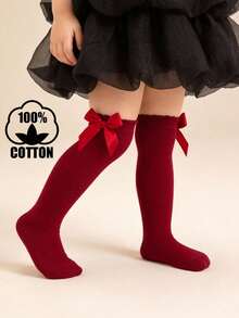 1 đôi tất trẻ em bằng cotton, tất cao đến bắp chân có nơ, tất mềm mại cho bé. - Đỏ - Xem 8