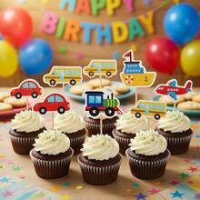 10pcs Transportation Themed Cake Decorations Set, Cartoon Car, Train, Airplane, School Bus And Ship Shaped Cupcake Toppers, Birthday Party Supplies, Traffic Vehicles Cake Picks - Classic Vehicles - View 9