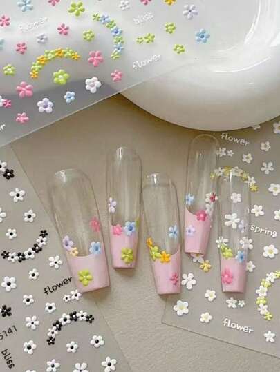 1 Sheet 2026 New INS Style Spring Floral Nail Stickers, French Embossed Flower Nail Decals, Pure White Nail Accessories, Nail Stickers, Nail Art Supplies