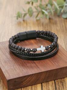 1pc Retro Cross Decor Men's Layered Beaded & PU Leather Bracelet, Natural Stone Beaded Magnetic Clasp Bracelet For Daily Wear & Gift - Multicolor - View 17