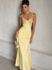 1pc Elegant Backless Knit Dress, Formal Party Casual Sexy Attire, Spring/Summer - Yellow - View 1
