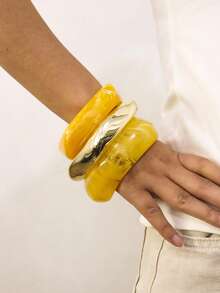 3pcs Set Elegant Minimalist Purple Asymmetrical Resin Bracelet Set, Suitable For Personal Style - Yellow - View 4