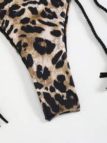 Women's Halter Leopard Print Tie-Up Sexy Backless High-End Bikini 2-Piece Swimsuit Set, 2025 New Arrival Vacation Beach Summer - Brown - View 4