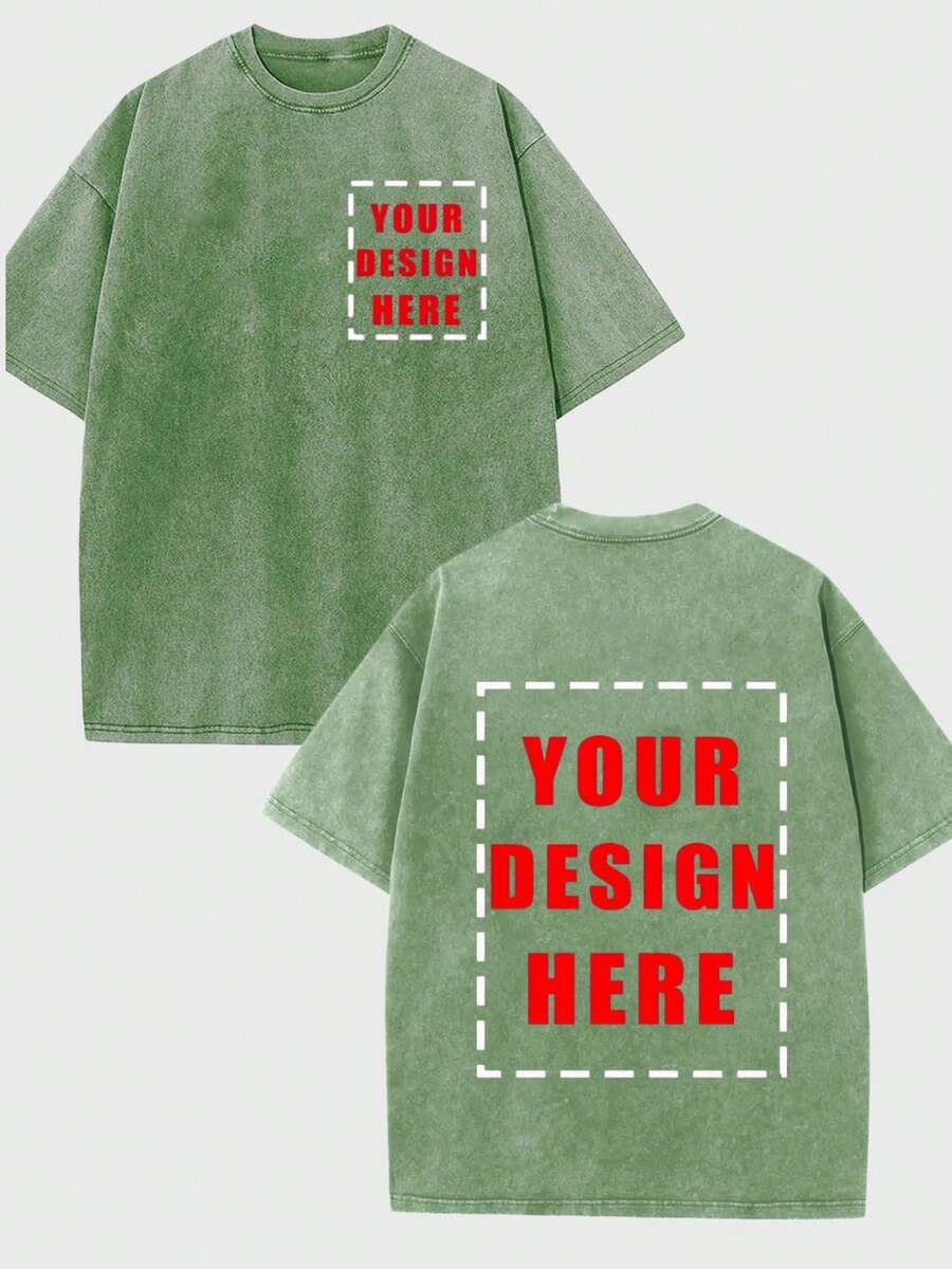 Men's Relaxed Fit Heavyweight 230g Washed Pure Cotton T-Shirt, Custom Double-Sided Logo Text Printing, Short Sleeve Round Neck Custom Tee - Màu xanh Ô liu - Xem 1