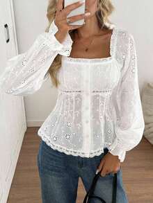 2026 Blusa de estilo casual y elegante para oficina con cuello cuadrado, volantes, mangas abullonadas, parches de encaje, cintura ceñida, corte evasé, bordados, textura de jacquard, para mujeres en otoño, color blanco - Negro - Ver 7