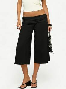 Fold Over Gaucho Pants Culottes For Women Low Rise Capris Foldover Flowy Going Out Flare Bottoms Wide Leg Capri Pants - 黑色 - 查看 2