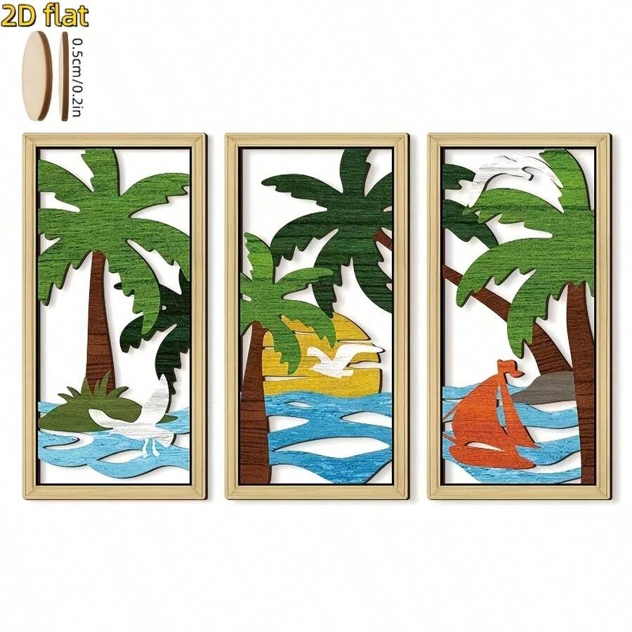 3pcs Tropical Palm Tree Wooden Wall Decor - Hollow Design, Wall Art For Living Room, Bathroom, Beach House Ocean Theme - Multicolor - View 1