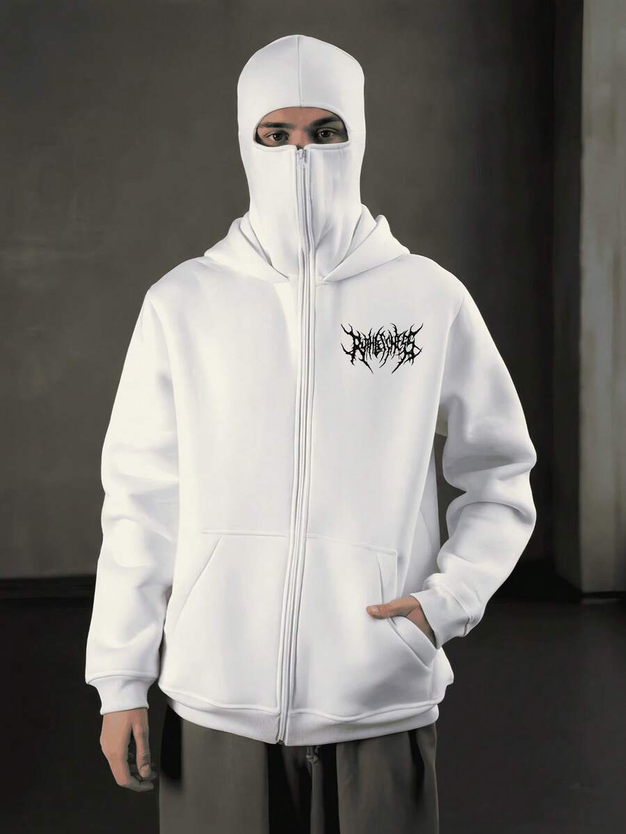 Balaklava, A Must-Have Item For Social Anxiety Sufferers. A Face-Covering Style, Loose Large-Sized And Long Double-Layered Hooded Zipper-Style Pullover Hoodie And Hooded Sweater. Suitable For Men's Autumn/Winter Clothing, Halloween Costumes, Christmas Costumes, Men's Outerwear, Fashionable Style, Men's Hooded Sweater. - 白色 - 查看 1
