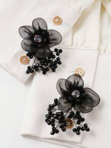 1Pc Delicate Mesh Flower Button Cover & Cufflink Alternative, Detachable Organza Floral Button Clip For Women, Beaded Tassel Shirt/Dress Button Decoration, Elegant Handmade Button Cover For Wedding, Prom, Evening Party, Bride Accessory & Thoughtful Gift - Flowers - View 3