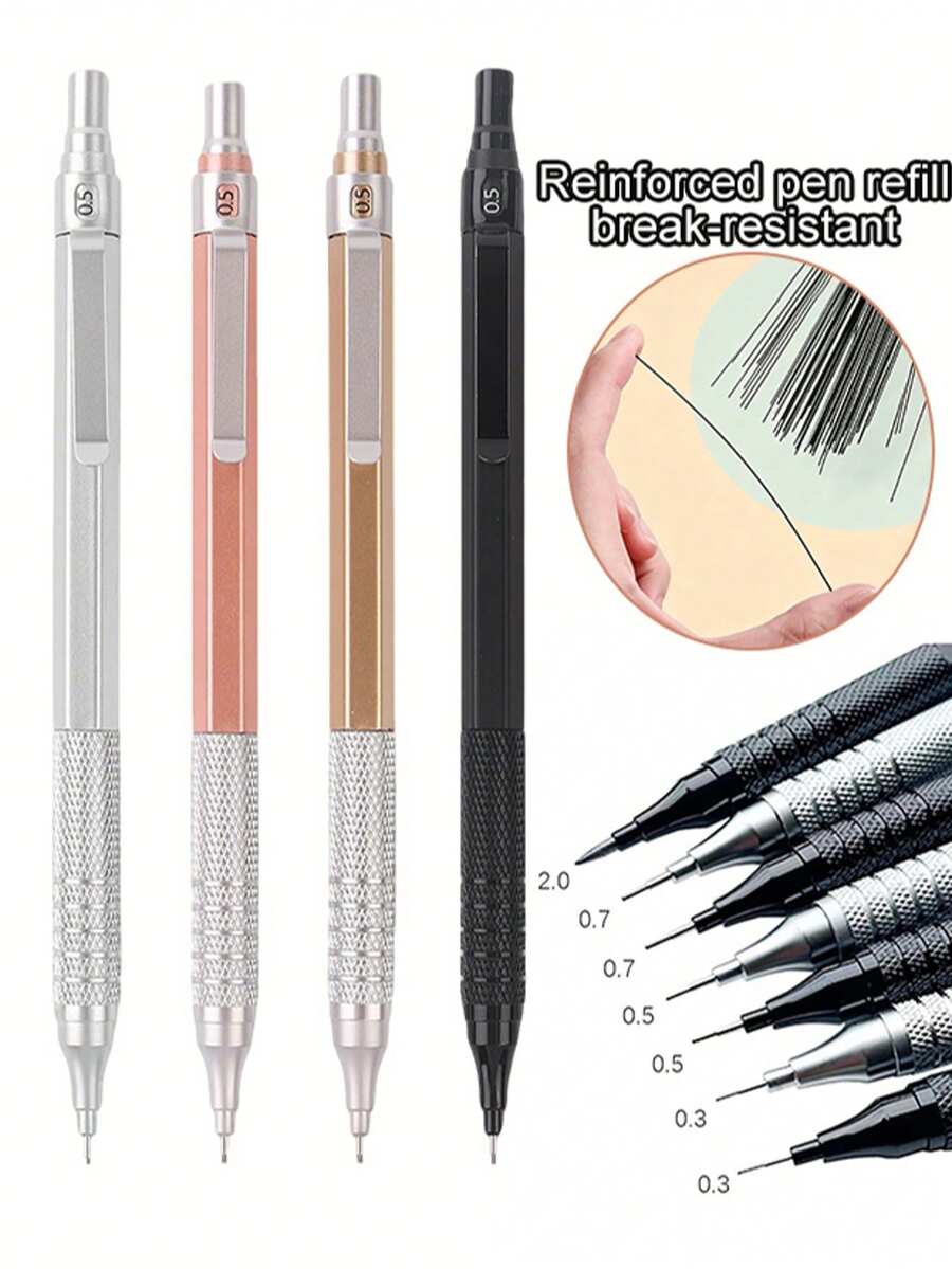 0.3/0.5/0.7/2.0mm Automatic Mechanical Pencil Set, 100pcs Refill Leads, Low Center Of Gravity, Retractable Tip, Metal Body, Back To School Essential - Black - View 1