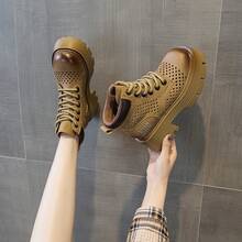 Botas de verano para mujer con perforaciones y capa de malla transpirable, botas cortas de trabajo de cuero liso con estilo occidental retro, botas de estilo británico versátil para uso diario. - Caqui - Ver 1