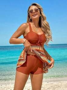 2pcs/Set Women Bohemian Adjustable Shoulder Strap Shirred Bust Bowknot Embellished Triangle Bottom Swimsuit Dress For Summer Beach Vacation - Multicolor - Ver 6