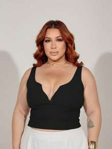 Cropped Plus Size Feminino Decote Tule Transparente Manga Curta Confortável Elegante Casual - Preto - Visão 3