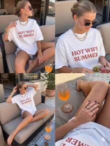 Hot Wife Summer Slogan Print T-Shirt, Summer Vacation Themed Short Sleeve Top For Women, Casual Humor Graphic Tee Vacation Outfits Women - trắng - Xem 3