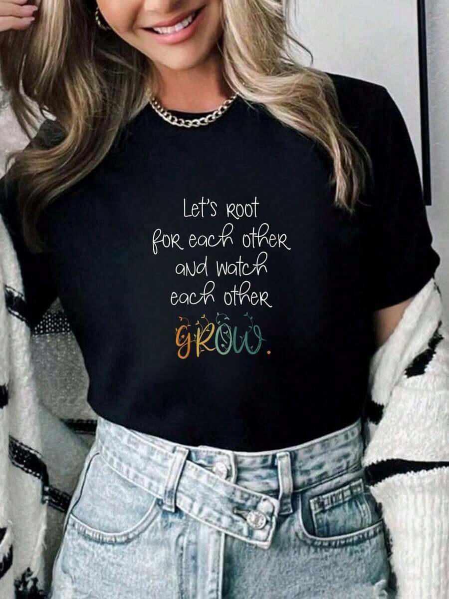 100% Cotton Womens Encouragement Watch Each Other Grow Positive Message O-Neck T-Shirt Summer Women For Top - Black - View 1