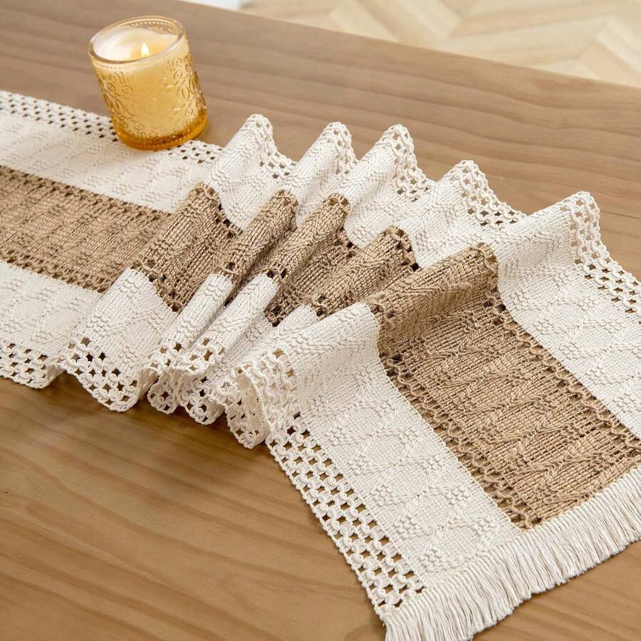 1pc Luxury Elegant Premium Cotton Linen Rustic Boho Embroidered Tassel Decorative Dining Table Runner For Home - Beige - View 1