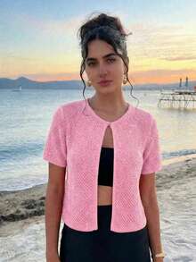 女士春夏新款针织上衣，休闲简约度假风，橙色纯色圆领短袖菱形纹理半开领设计，沙滩度假旅行穿搭，亮片上衣，女士夏季服装 - 粉紅 - 查看 4