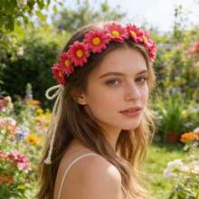 1 pieza Diadema con margaritas lindas, Tocado de trenza estilo bohemio, Accesorio para el cabello corona de flores de girasol - Multicolor - Ver 4