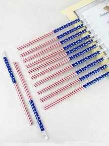 Bộ 12 bút chì họa tiết sọc đỏ trắng xanh hình ngôi sao yêu nước, có tẩy, quà tặng ngày Quốc khánh, đồ dùng học tập, bút chì HB thích hợp cho học sinh viết, văn phòng phẩm trường học và văn phòng. - Bút chì Ngày Độc lập - Xem 4