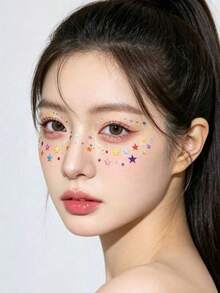 1片彩虹星星水钻组合脸贴，自粘式，适合甜美女孩舞台表演、生日派对、拍照、活力妆容、演唱会妆容、脸部装饰宝石。 - 彩色 - 查看 3