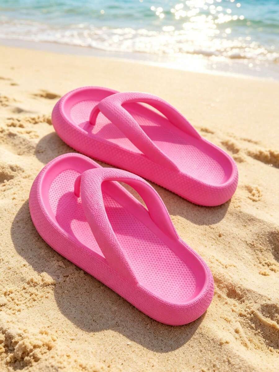 Women's Solid Color Flat Wedge Sandals, Soft And Shock-Absorbing EVA Sandals, Suitable For Summer Beach, Pool, Casual Walking, And Vacation. - Hot Pink - View 1