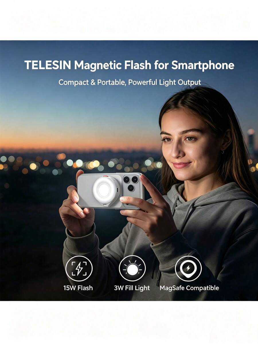 TELESIN Magsafe Multi-Functional Photo Aid/Fill Light: Magnetic Attachment, Wireless Control, Ergonomic Handle, 1/4-Inch Universal Interface, Magnetic Flash For Mobile Phones, Fill Light For Live Streaming, Lightweight And Portable, LED Light For Taking Photos, Selfies, And Beautifying Images, Compatible With IPhone/Android Devices. - Multicolor - View 1