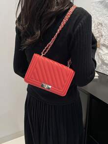 Hevel, nueva bolsa de hombro mini de moda de unicolor con relieve de PU, bolso bandolera de calle, bolso cuadrado pequeño minimalista de mujer con cadena - Rojo - Ver 5
