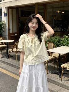 Women Tops - Yellow Lace-up Tie Shirt - View 1