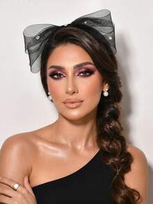 1 pieza Diadema elegante con lazo negro y decoración de diamantes de imitación brillantes, diadema de estilo princesa con tul multicapa, adecuada para novia, boda, celebración, banquete, fiesta festiva, casual de campus, accesorio para el cabello de mujer - Negro - Ver 2