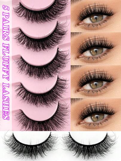 ENCHUW 5 Pairs 3D Fake Eyelashes Natural Lashes Natural Look Short False Eyelashes Pack Reusable False Lashes Soft Wispy Lashes Fluffy Eye Lashes
