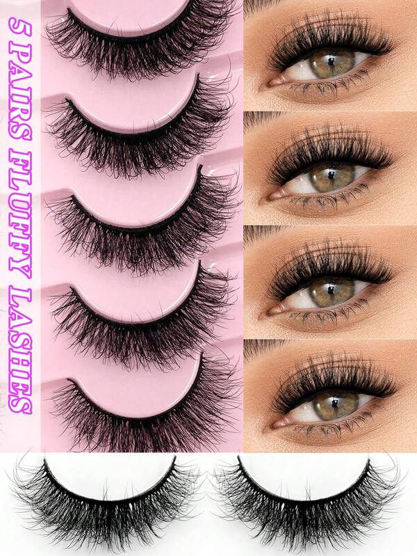 ENCHUW 5 Pairs 3D Fake Eyelashes Natural Lashes Natural Look Short False Eyelashes Pack Reusable False Lashes Soft Wispy Lashes Fluffy Eye Lashes