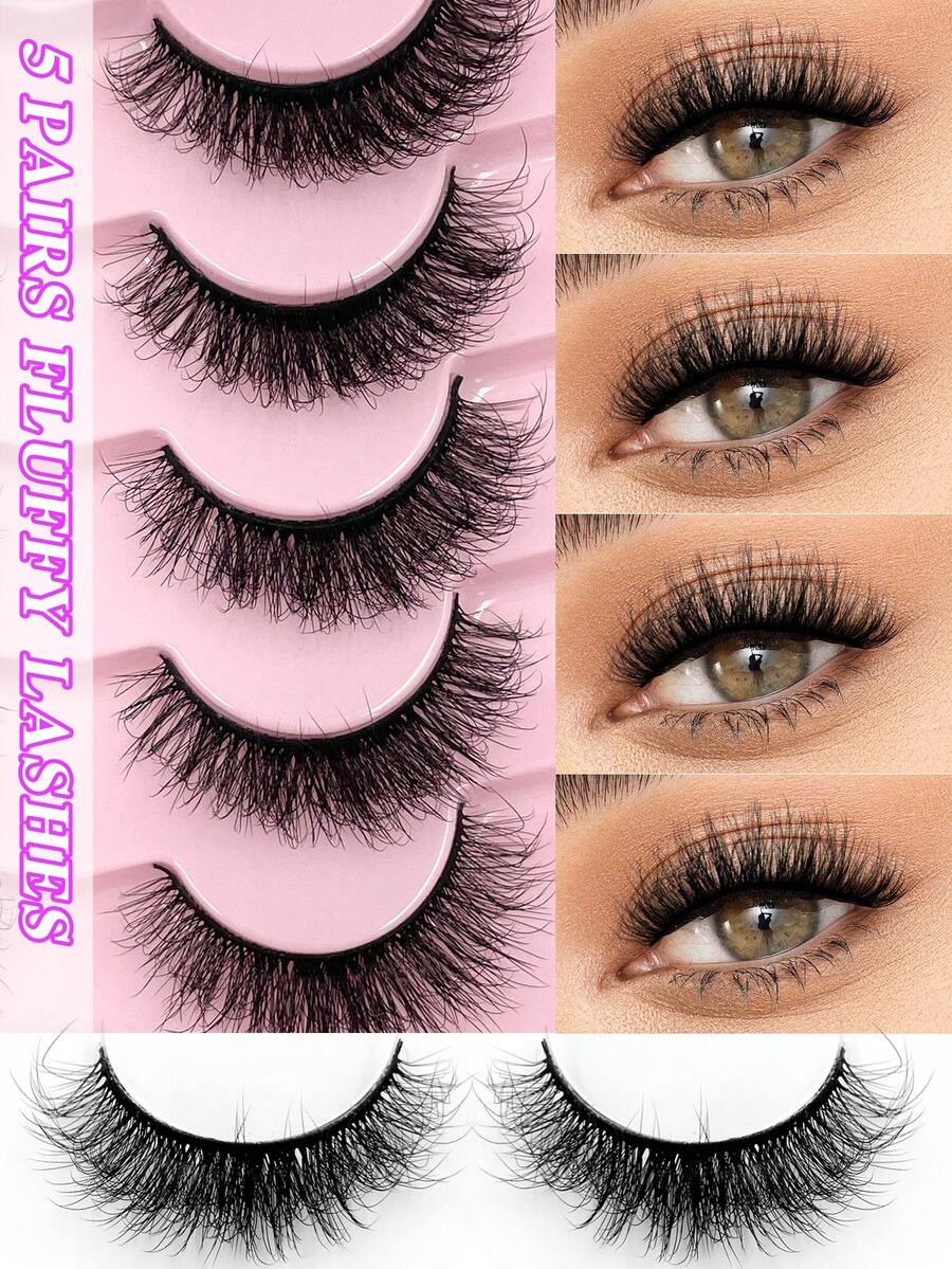 ENCHUW 5 Pairs 3D Fake Eyelashes Natural Lashes Natural Look Short False Eyelashes Pack Reusable False Lashes Soft Wispy Lashes Fluffy Eye Lashes - Black - View 1