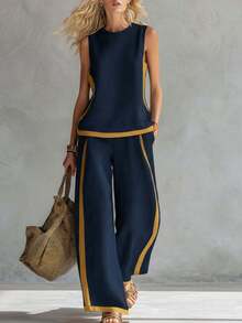 Conjunto de chaleco con mangas a contraste y pantalones de pierna ancha - Azul oscuro - Ver 1