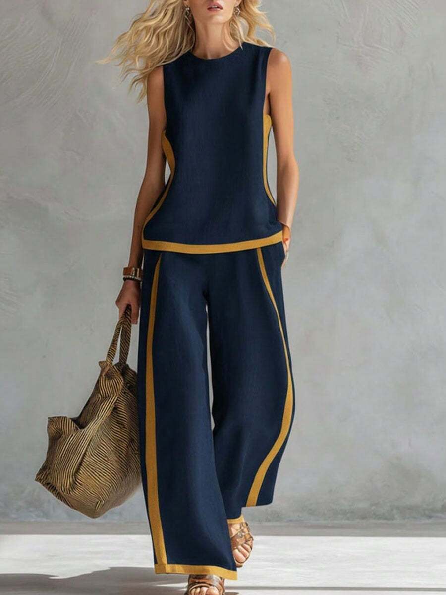 Conjunto de chaleco con mangas a contraste y pantalones de pierna ancha - Azul oscuro - Ver 1