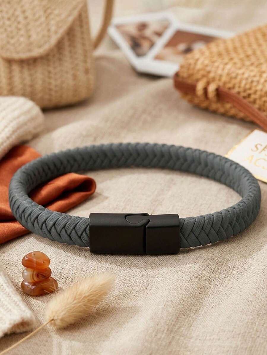 Vòng tay da thủ công thời trang 6mm, mặt dây chuyền nam châm màu đen dành cho nam giới, trang sức đeo tay. - vòng tay da có khóa từ tính - Xem 1