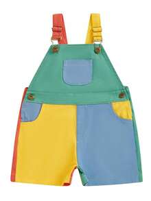 Overalls Shorts Contrast Color Sleeveless Suspender Romper With Adjustble Shoulder Strap - Multicolor Red, Yellow and Blue - View 1