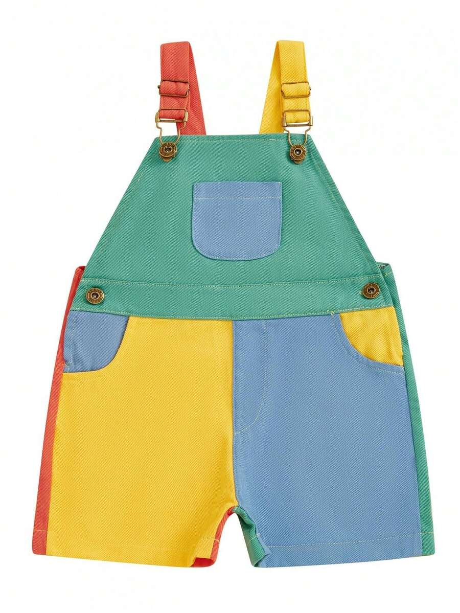 Overalls Shorts Contrast Color Sleeveless Suspender Romper With Adjustble Shoulder Strap - Multicolor Red, Yellow and Blue - View 1