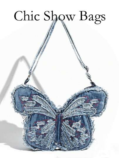 Túi xách hình bướm bằng vải denim kiểu Pháp cổ điển dành cho nữ, mẫu mới năm 2026, thiết kế độc đáo, túi đeo vai và đeo chéo đa năng, phù hợp cho phong cách thường ngày.
