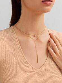 1pc Gold Y-Shaped Multi-Layer Necklace Decorated With Rhinestones And Faux Pearls, Suitable For Women's Daily Wear, Also Can Be A Gift For Friendship Or Adult Ceremony, Or Suitable For Attending Banquets And Parties. (The Handcrafted Chain Length, Pearl Quantity, And Rhinestone Size Can Be Adjusted. Please Be Cautious When Purchasing If The Length Is Too Short.) - Gold - View 3