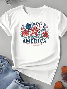 Casual T-Shirt America 250th Anniversary Floral Design Independence Day Celebration Patriotic Summer Outfit For Women And Men - 白色 - 查看 3