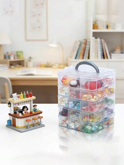 1 pieza Caja de almacenamiento de bloques de construcción para niños, caja de almacenamiento de accesorios para el cabello de bebé con tapa y asa, caja de joyería transparente con compartimentos, caja de empaque de joyería multifuncional