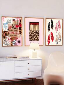 3PCS Pink Leopard Wall Art Fashion Stylish Prints Decor Office Aesthetic Girly Wall Art Fashion Magazine, Matchbox, High Heels Wall Art, Festival Gift, The Ideal Gift For Friends, Bedroom Art Print, Living Room Decor, Office Decor, Kitchen Decor, Bar Decor, Bathroom Decor, Wall Arts, Wall Decor, Home Decor, Room Decor, Canvas Wall Art, Posters, Wall Art With Frame, Optional Frame ﻿ - 3pcs - View 1
